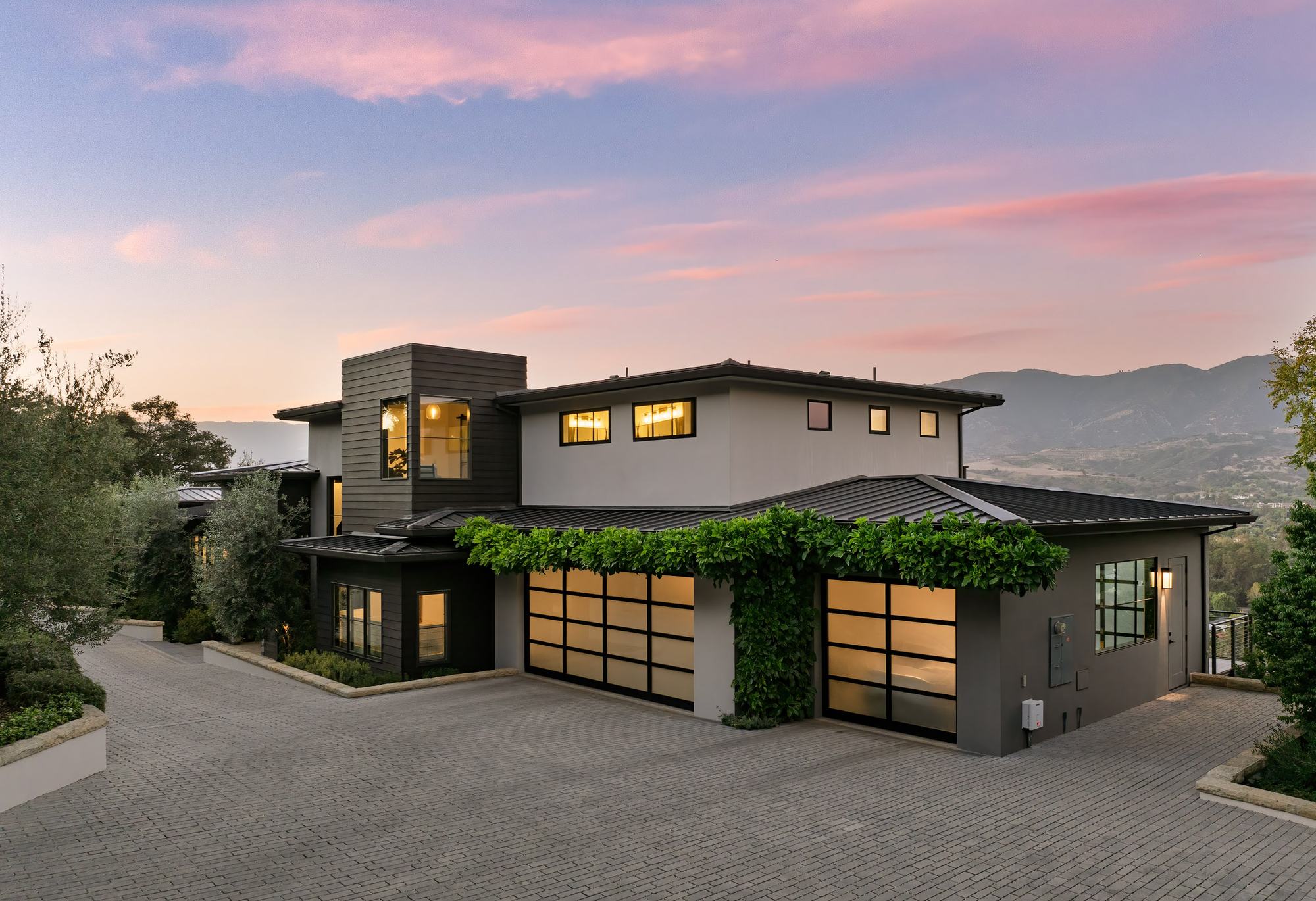 Motor court and residence at twilight